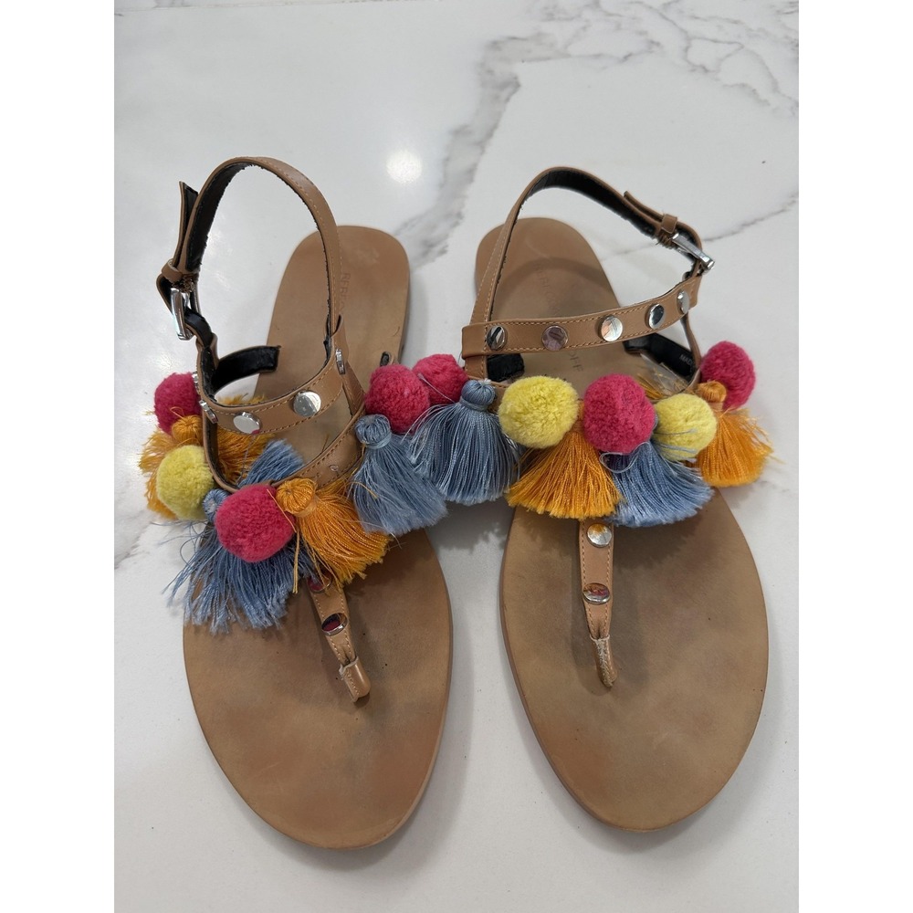 Rebecca Minkoff Sandals Shoes Womens Size 9 Tan Pom Tassel Thong Ankle Strap